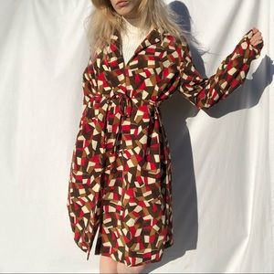 Red & Brown Geo Print Button Front Trench Coat Sm